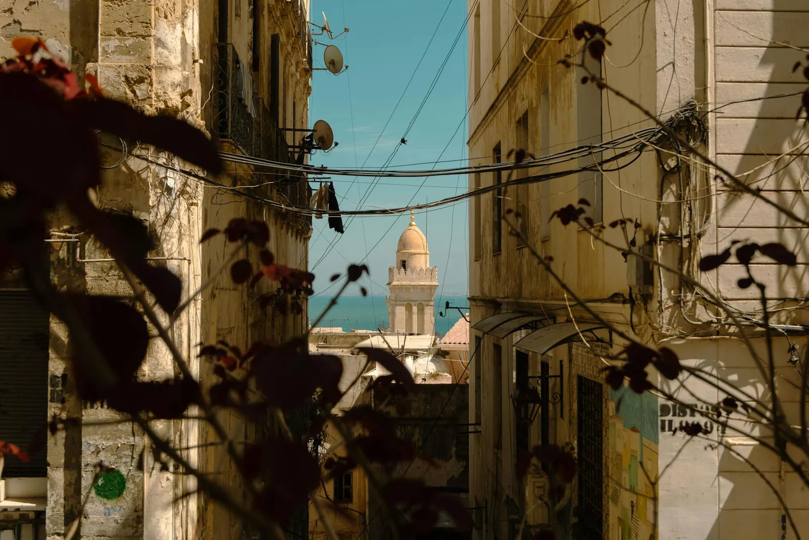 View of a minaret and coastline from the Medina of Tunis
